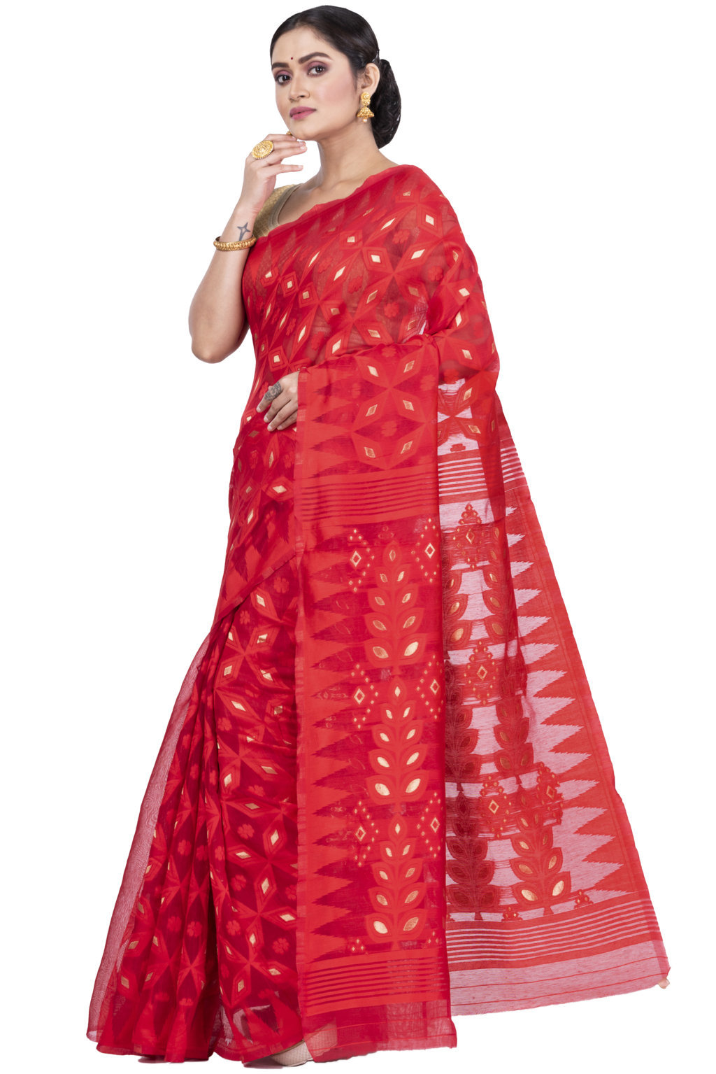 Red Pure Cotton Minakari_Jmdni Jamdani Saree (696)